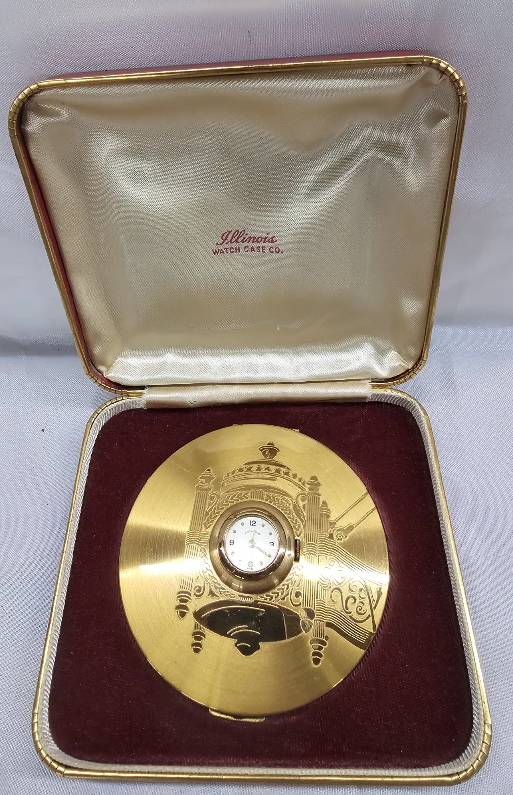 Vintage 1940-50s Illnois watch case-powder compact w/mirror, clock &orig box 