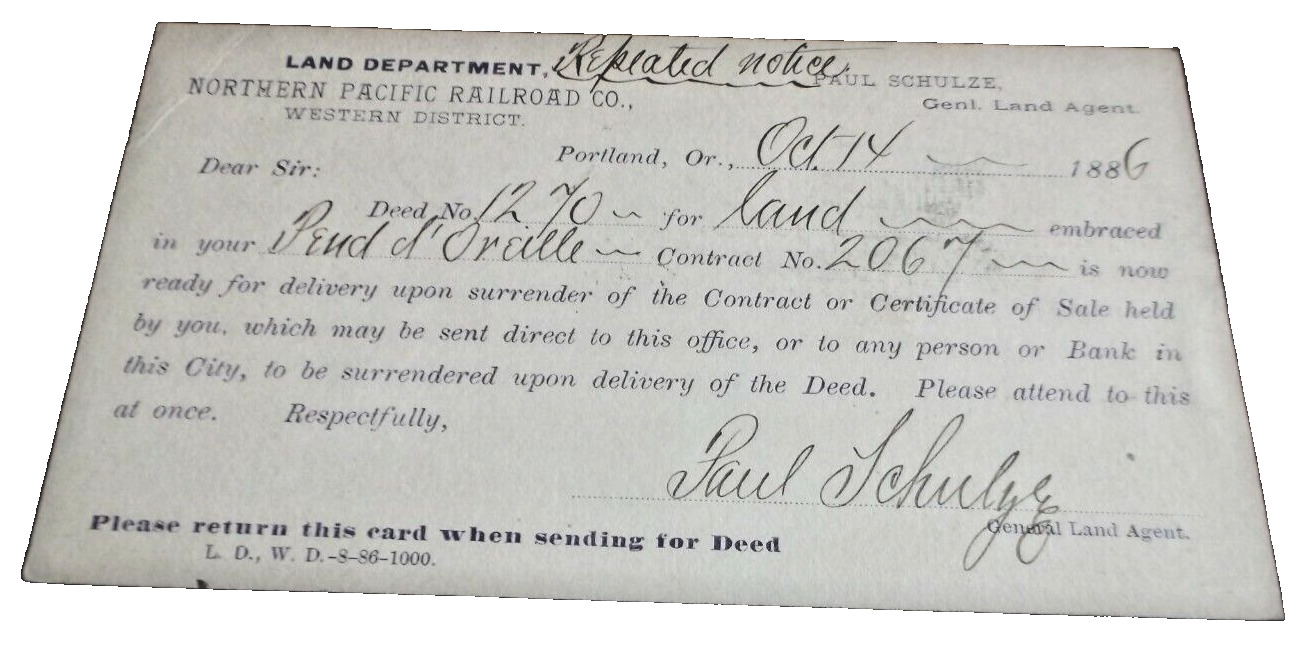 OCTOBER 1886 NORTHERN PACIFIC RAILROAD LAND POST CARD PORTLAND OREGON