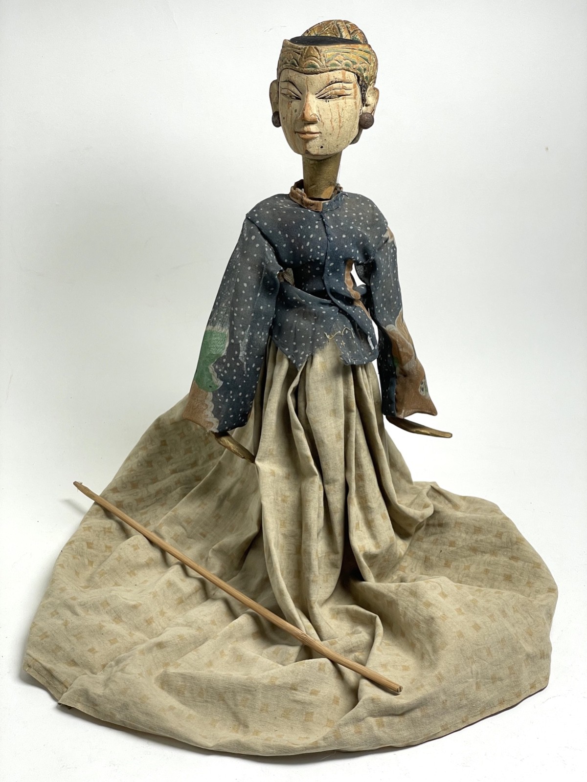 Vintage Indonesian Wayang Golek Rod Puppet Hand Carved Javanese Folk Art
