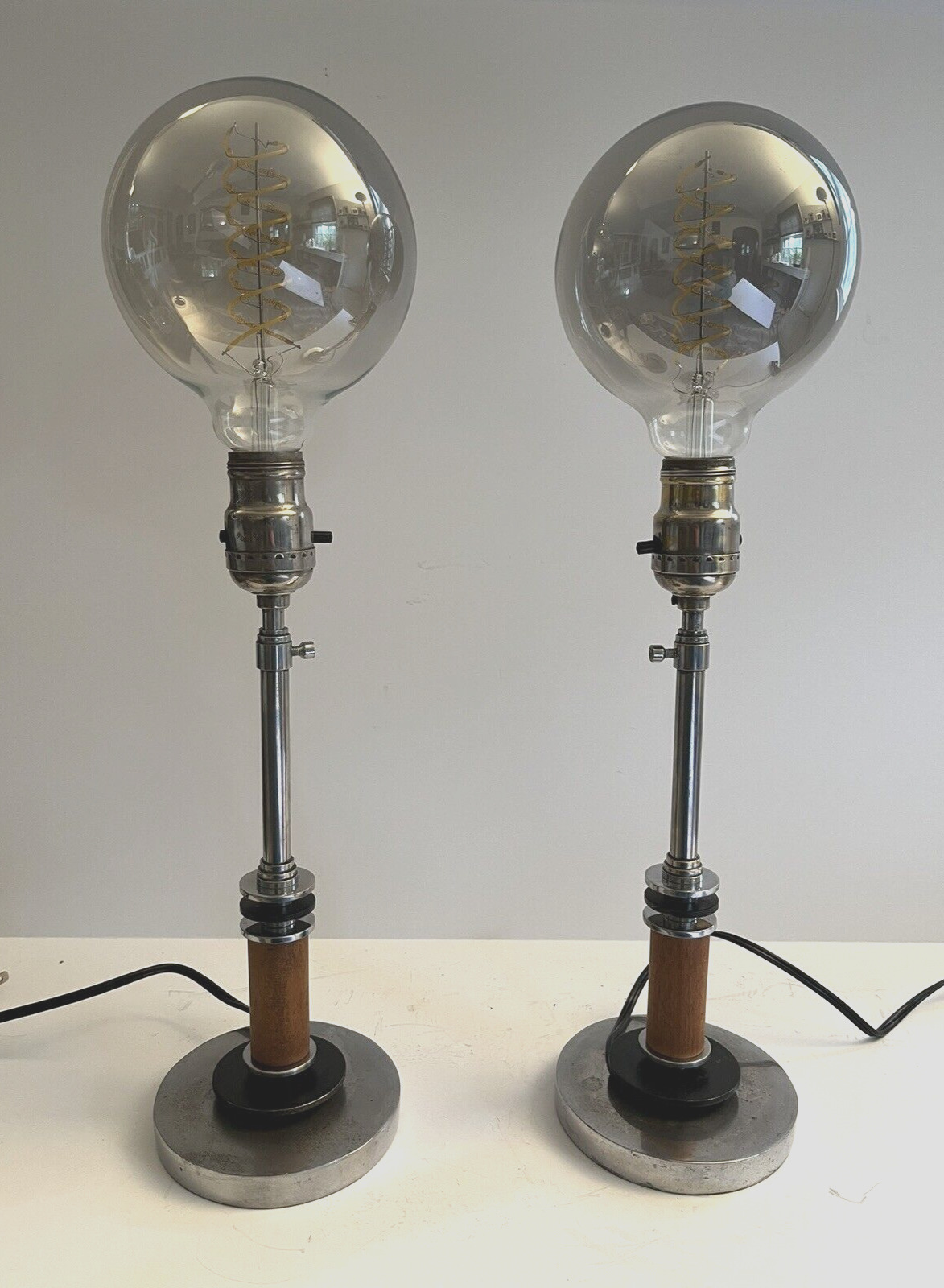 Vintage 1930's Markel Era Machine Age Art Deco Chrome & Wood Table Lamp Pair