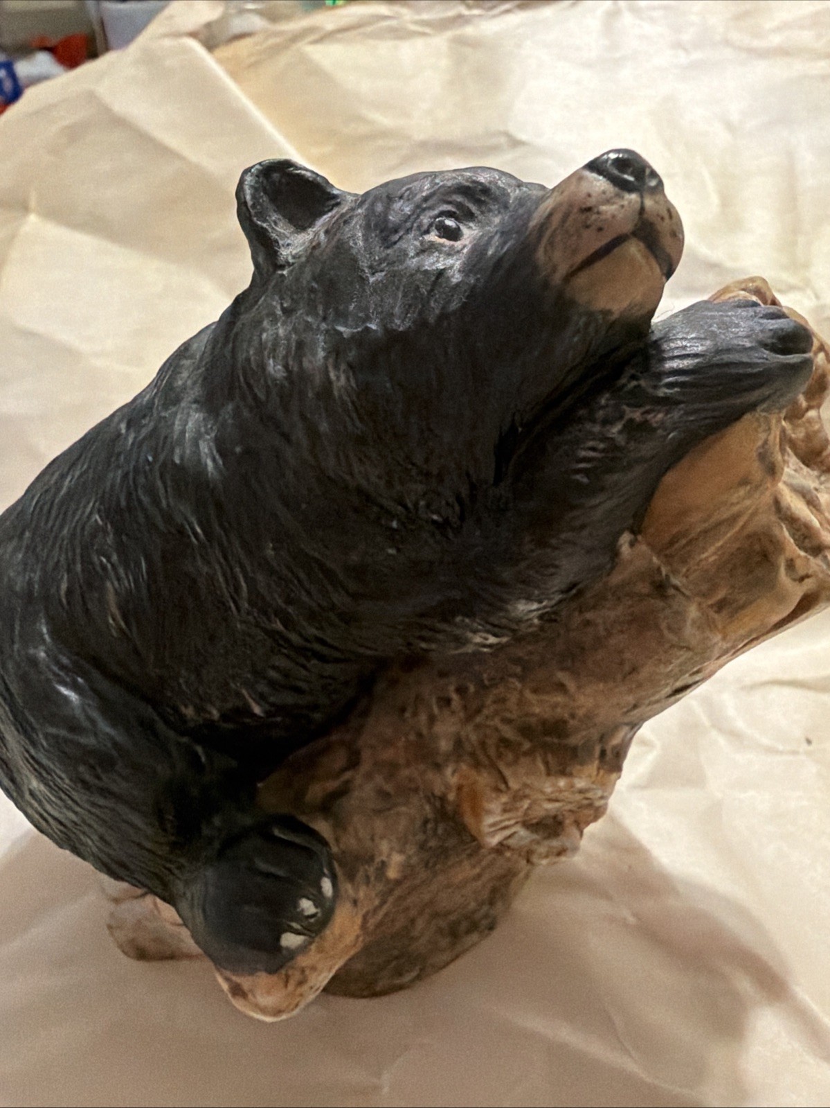 Vintage Enesco Imports Black Bear Climbing Tree Stump Porcelain Figurine Mexico