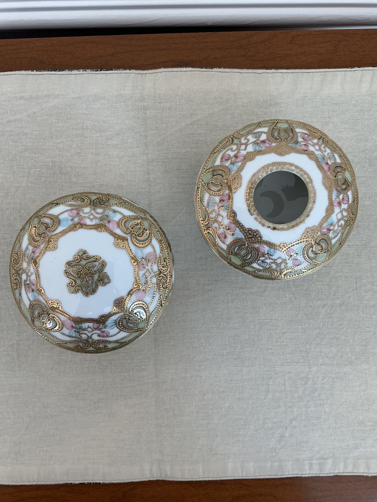 Antique HandPainted Nippon Porcelain Vanity Set Hair Receiver & Powder Jar 