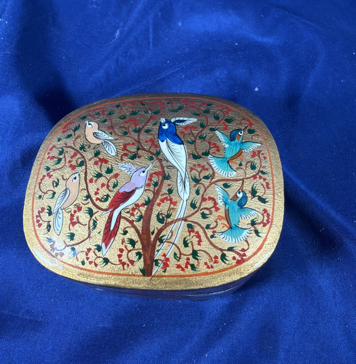 Vintage Kashmiri Papier Mache Trinket Box Hand Painted Birds Floral India