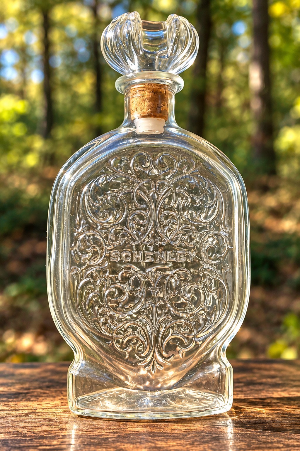 Vintage 1953 Schenley Whiskey Glass Decanter Ornate Embossed Art Nouveau Stopper