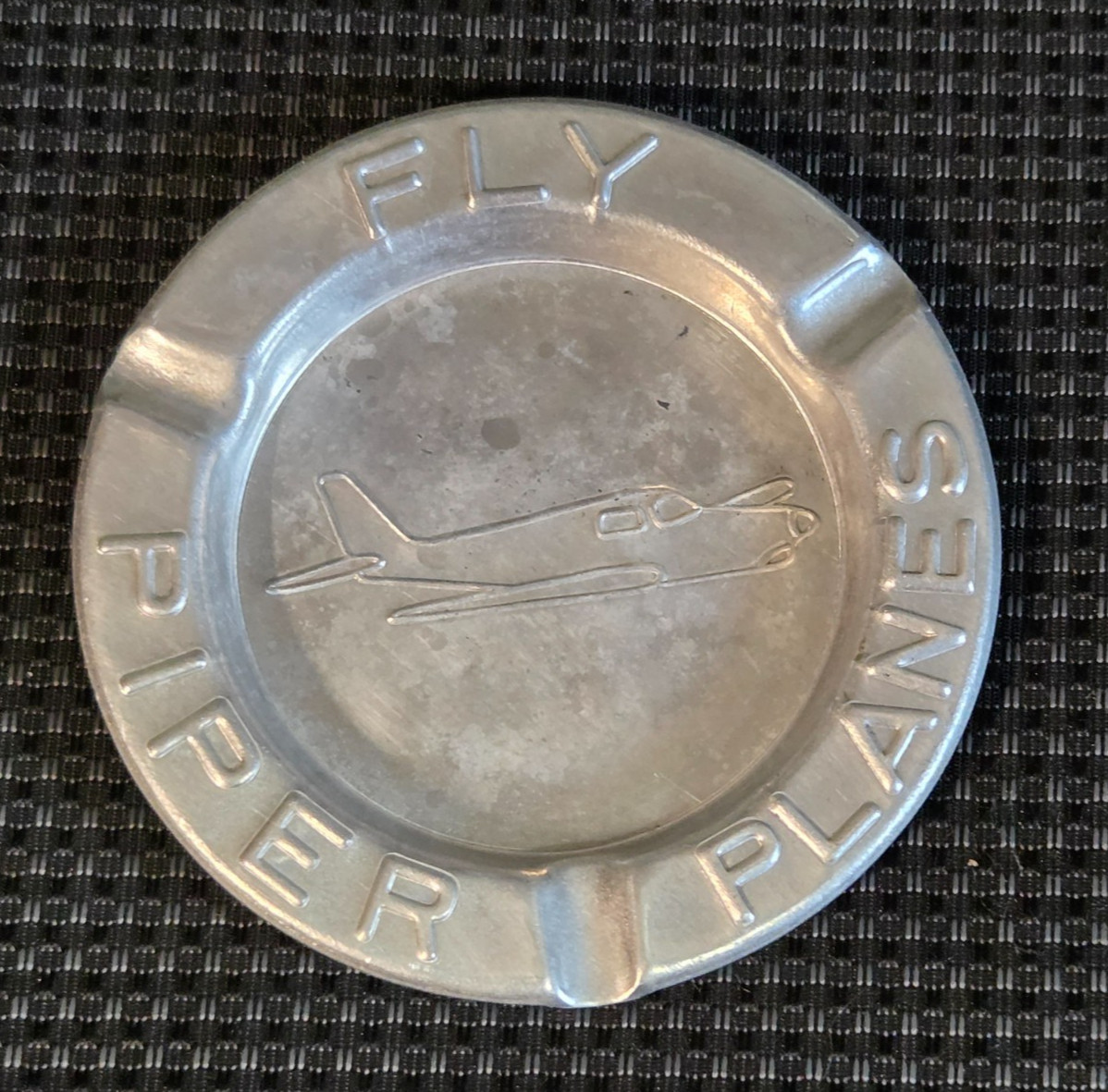 VINTAGE FLY PIPER (CUB) PLANES  ALUMINUM ASHTRAY AIRCRAFT ADVERTISING  4.5”