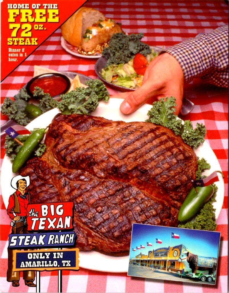 Amarillo, TX Texas  BIG TEXAN STEAK RANCH RESTAURANT  72oz Dinner  4X6 Postcard