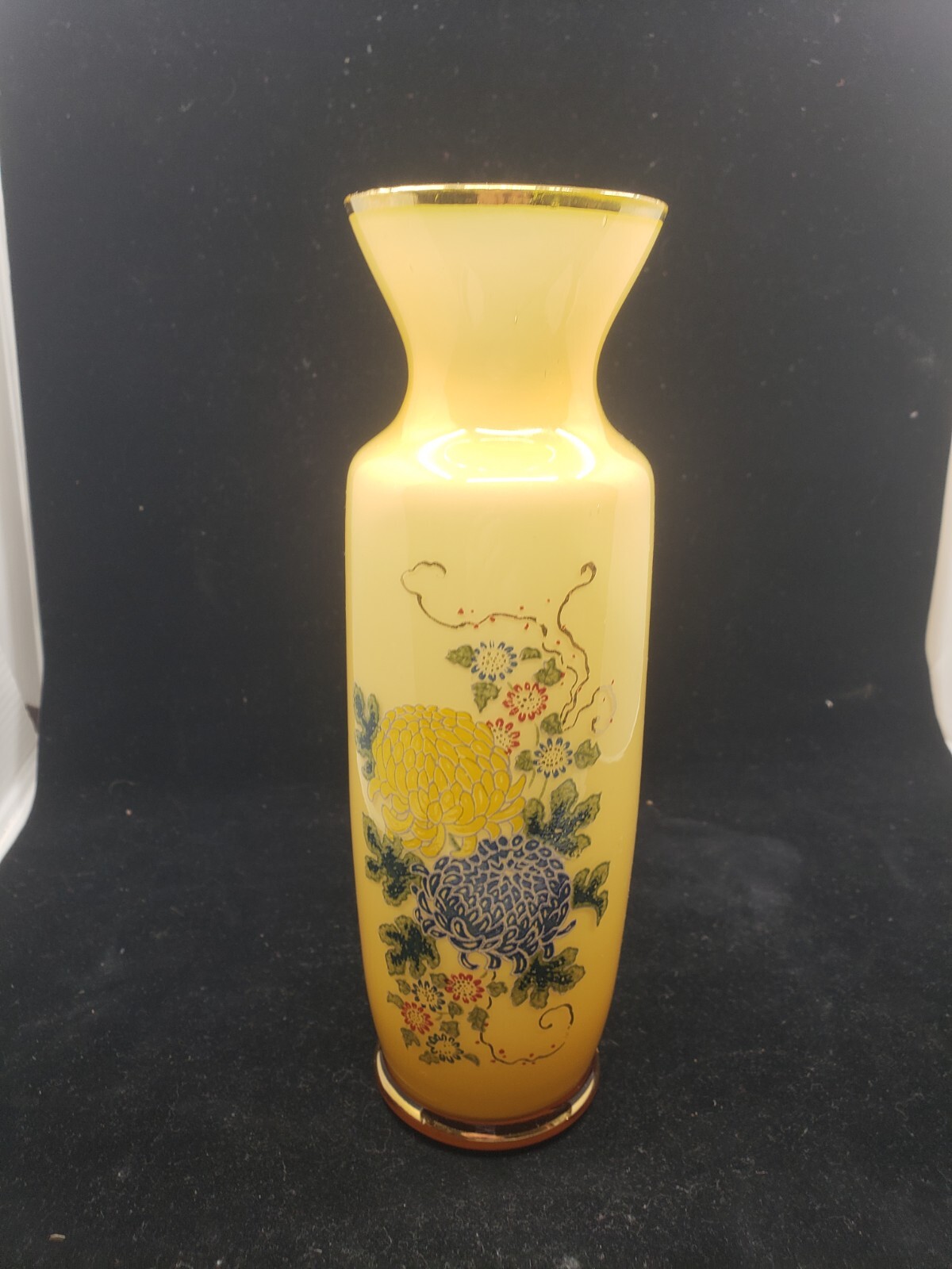 Antique Bristol Cased Glass Vase With Handpainted Flower And Gold Guilt