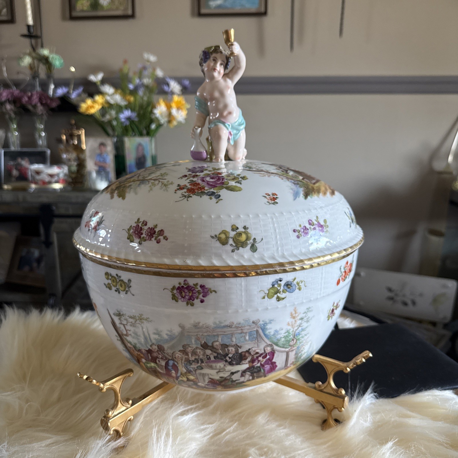 Antique Berlin Porcelain Tureen KPM Attributed Bacchus Putto Hogarth Scenic 13”