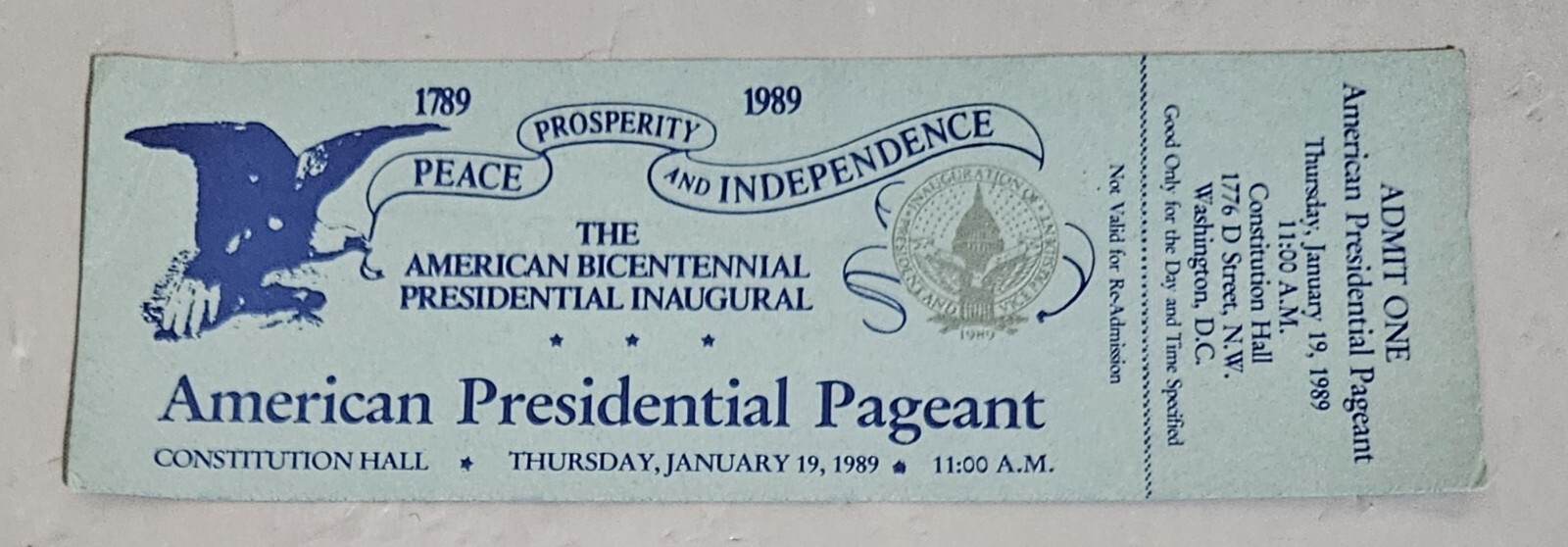 American Presidential Pageant Un-Ripped Ticket Constitution Hall Jan 19 1989