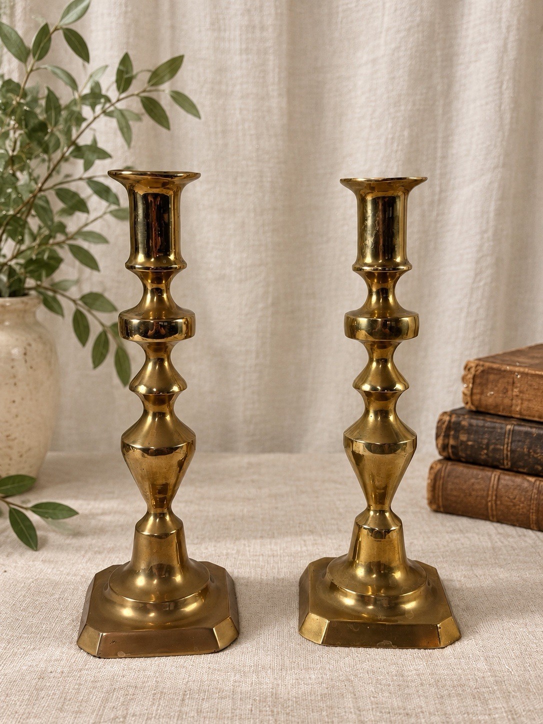 Vintage Heavy Cast Brass Candlesticks Pair 11” Georgian Style Octagonal Base