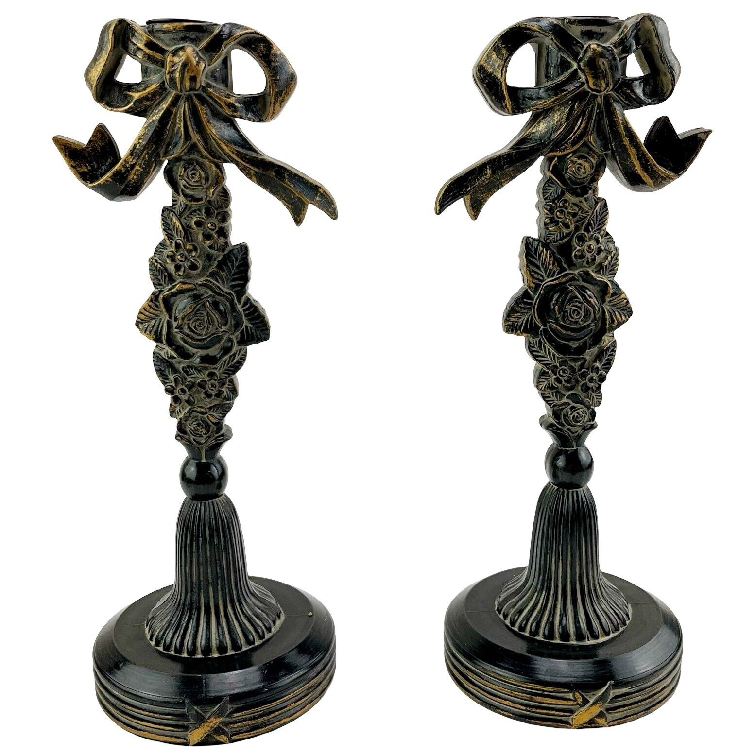 Vintage Ornate Candle Holders Set of 2 Bow Floral Black Gilt Candlesticks 10\