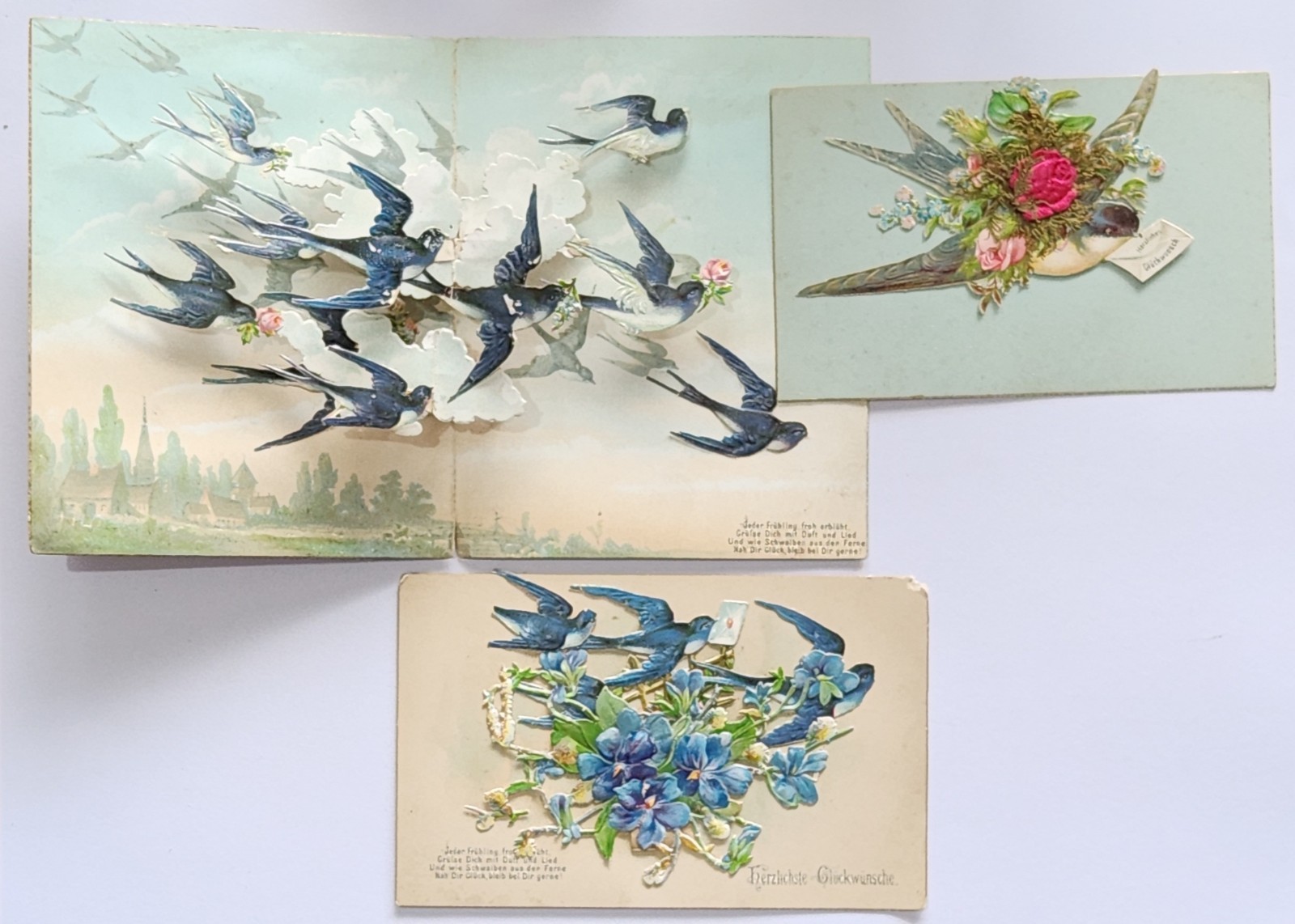 3 Antique Victorian Greetings Cards 3D & Pop Up Swallows Birds New Year Wishes