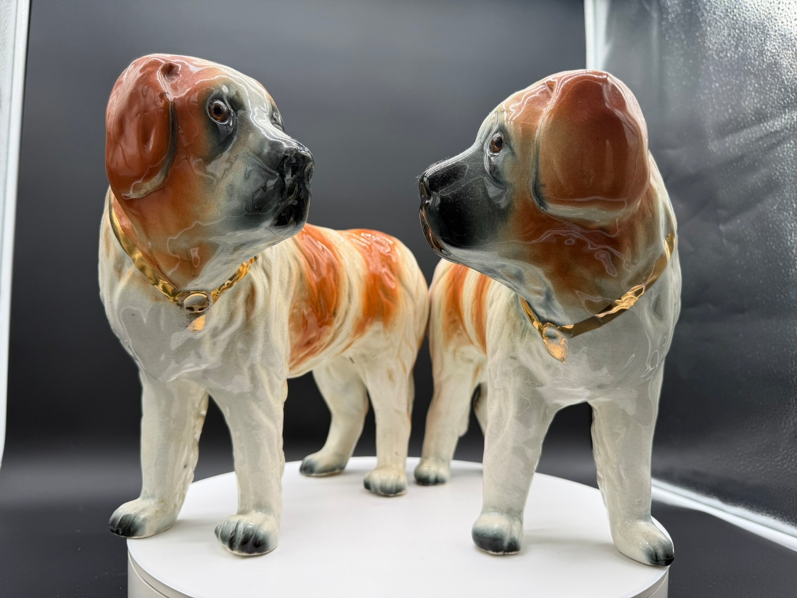 19th Century Large English Porcelain St. Bernard Dog Sculptures - a Pair