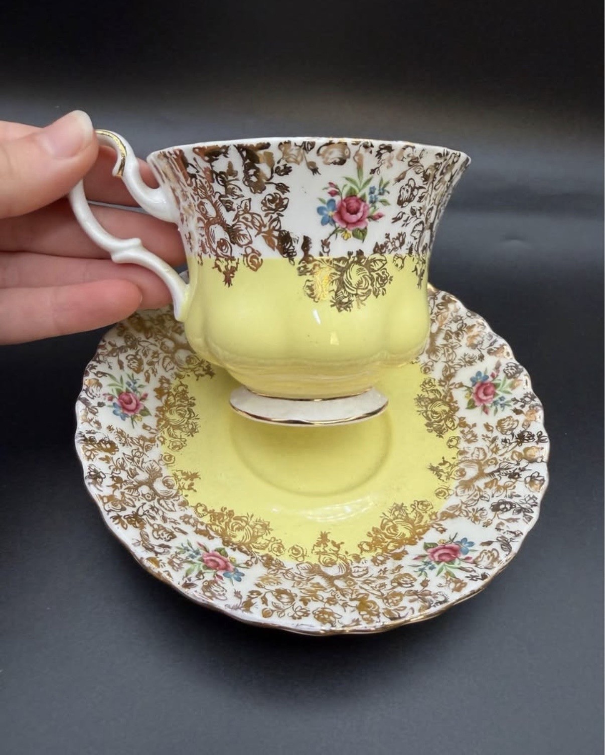 Vintage Royal Albert Picardy Yellow Gold Chintz Rose Teacup Saucer Bone China