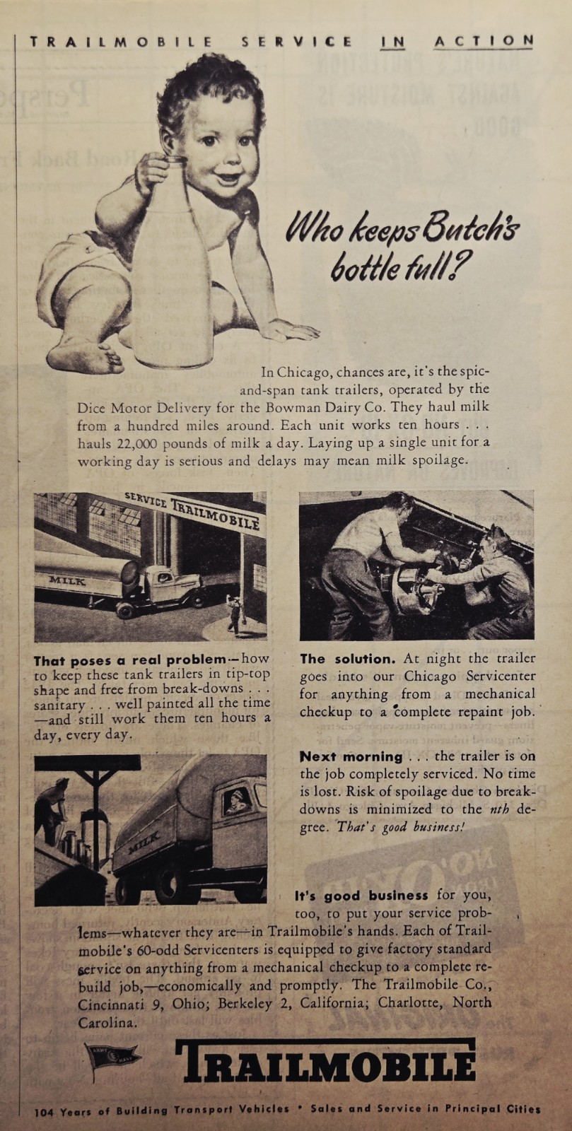 Trailmobile Tank Trailers Print Ad 1945 - Cincinnati OH Berkeley CA Charlotte NC