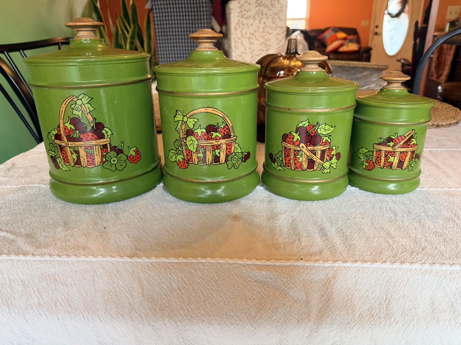 Kromex Green Metal Kitchen Canisters Set/4 with Berry Fruit Basket Motif Vintage Kromex Green Metal Kitchen Canisters Set/4 with Berry Fruit Basket Motif Vintage