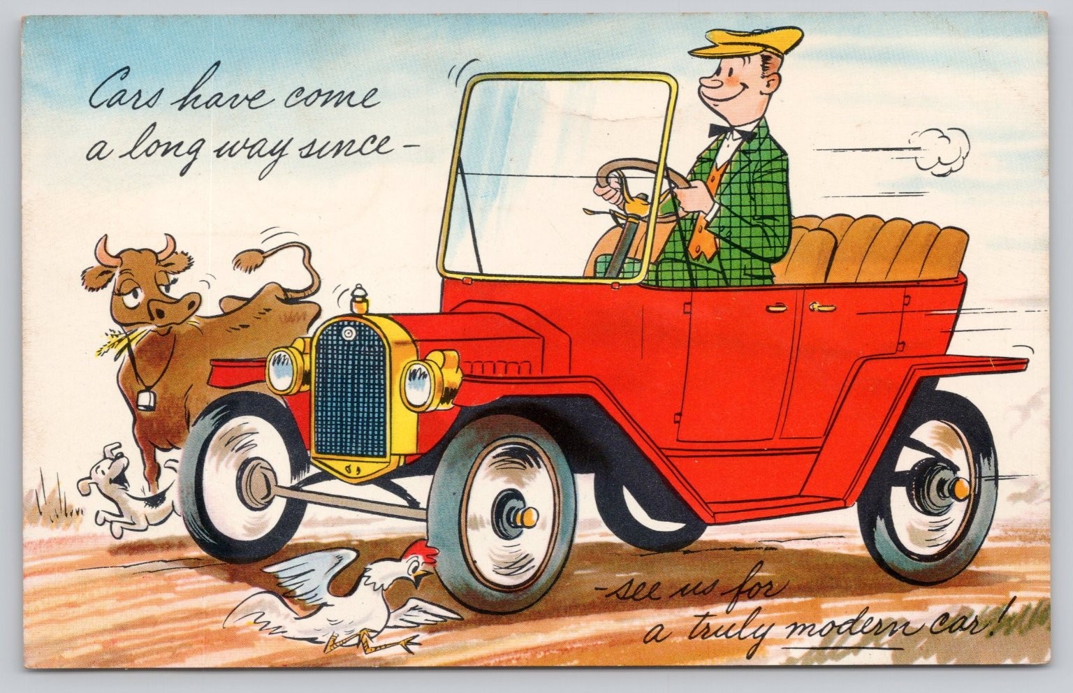 Vintage 1959 Columbus OH Car Dealer Ad Postcard Model T Humor Cartoon