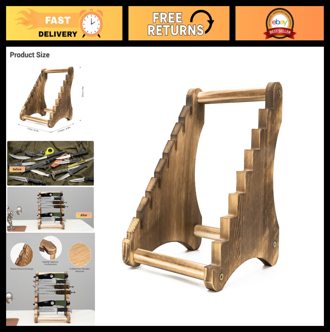 8-Tier Wooden Knife Display Stand - Rustic Fixed Holder for Tactical & Survival