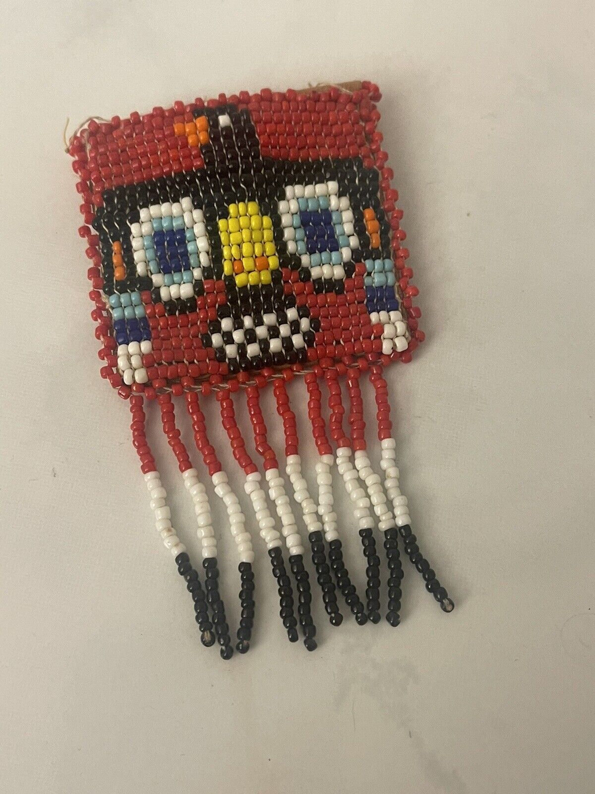 Native American Beaded Thunderbird Attractive Coin Pouch Seed Beads Red Fringe