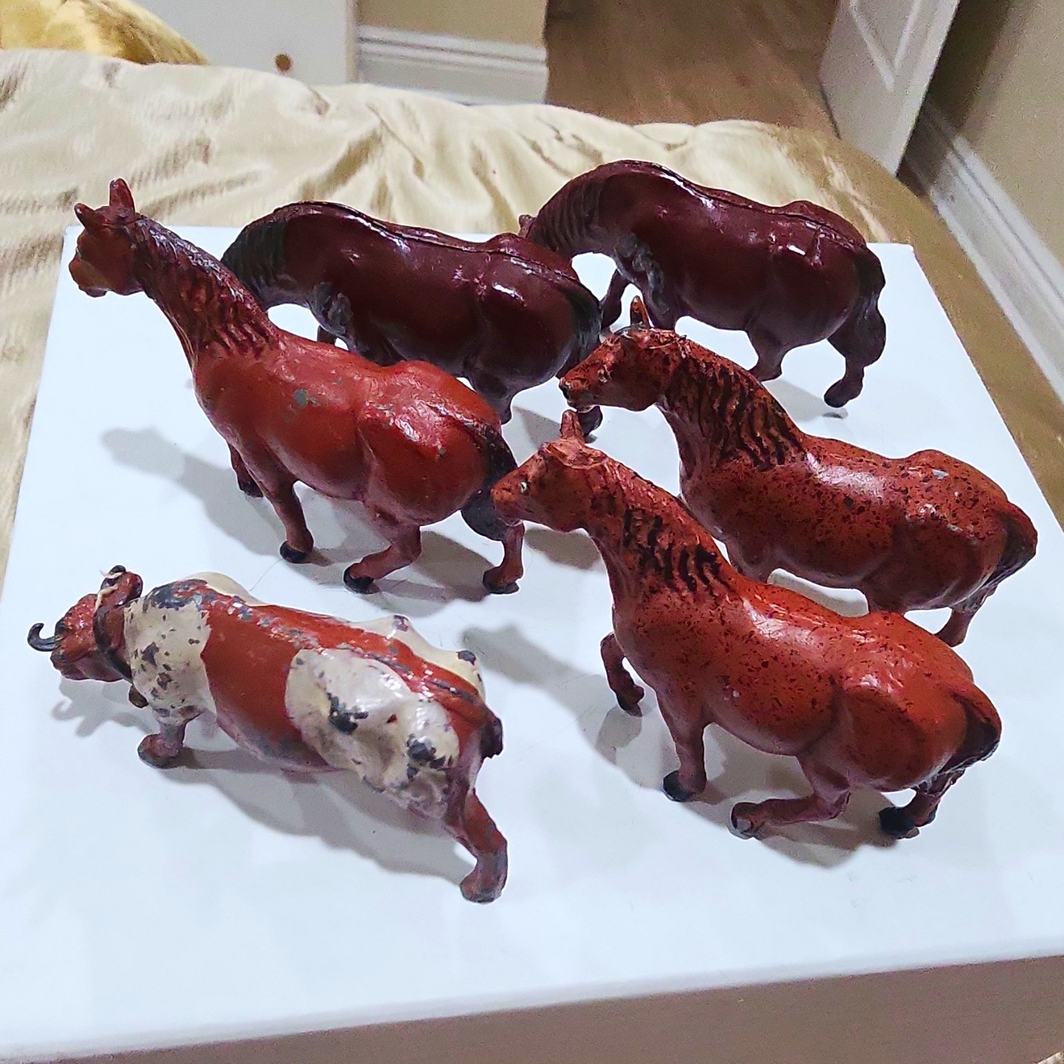 Lot of 6 Vintage Lead Farm Animals Figures Horses & Timpo Toys Spotted Cow 1950s