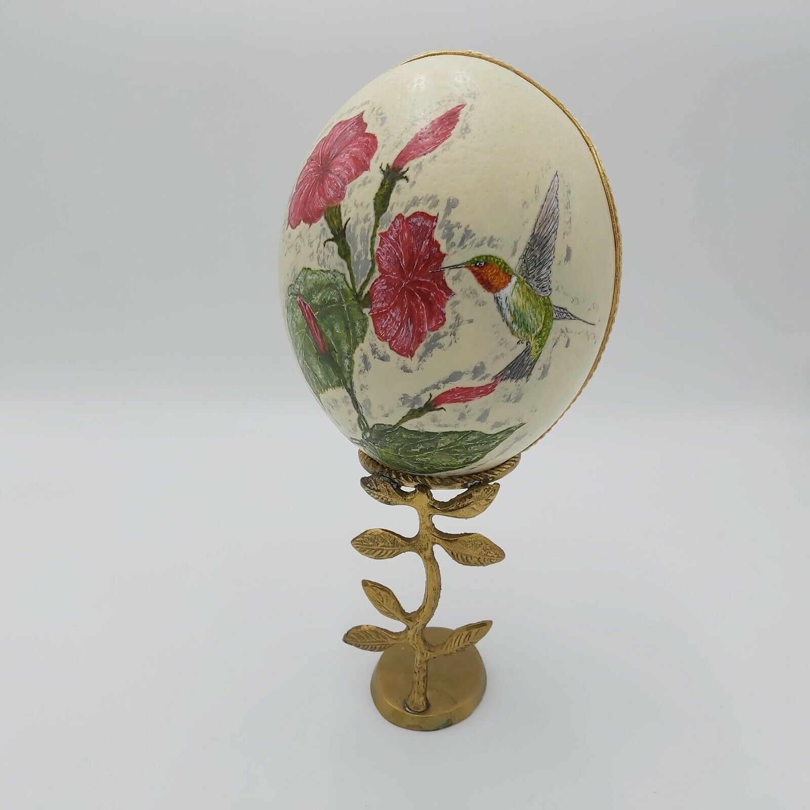 Vintage Hand Painted Ostrich Egg-Brass Stand-Hummingbird - 12\