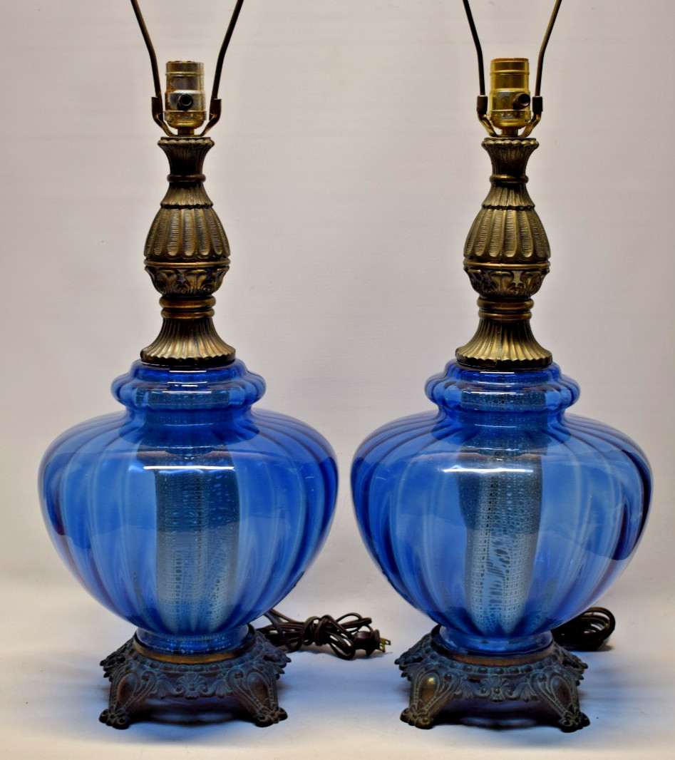 2 Vintage Hollywood Regency Cobalt Blue Glass MATCHING PAIR Table Lamps