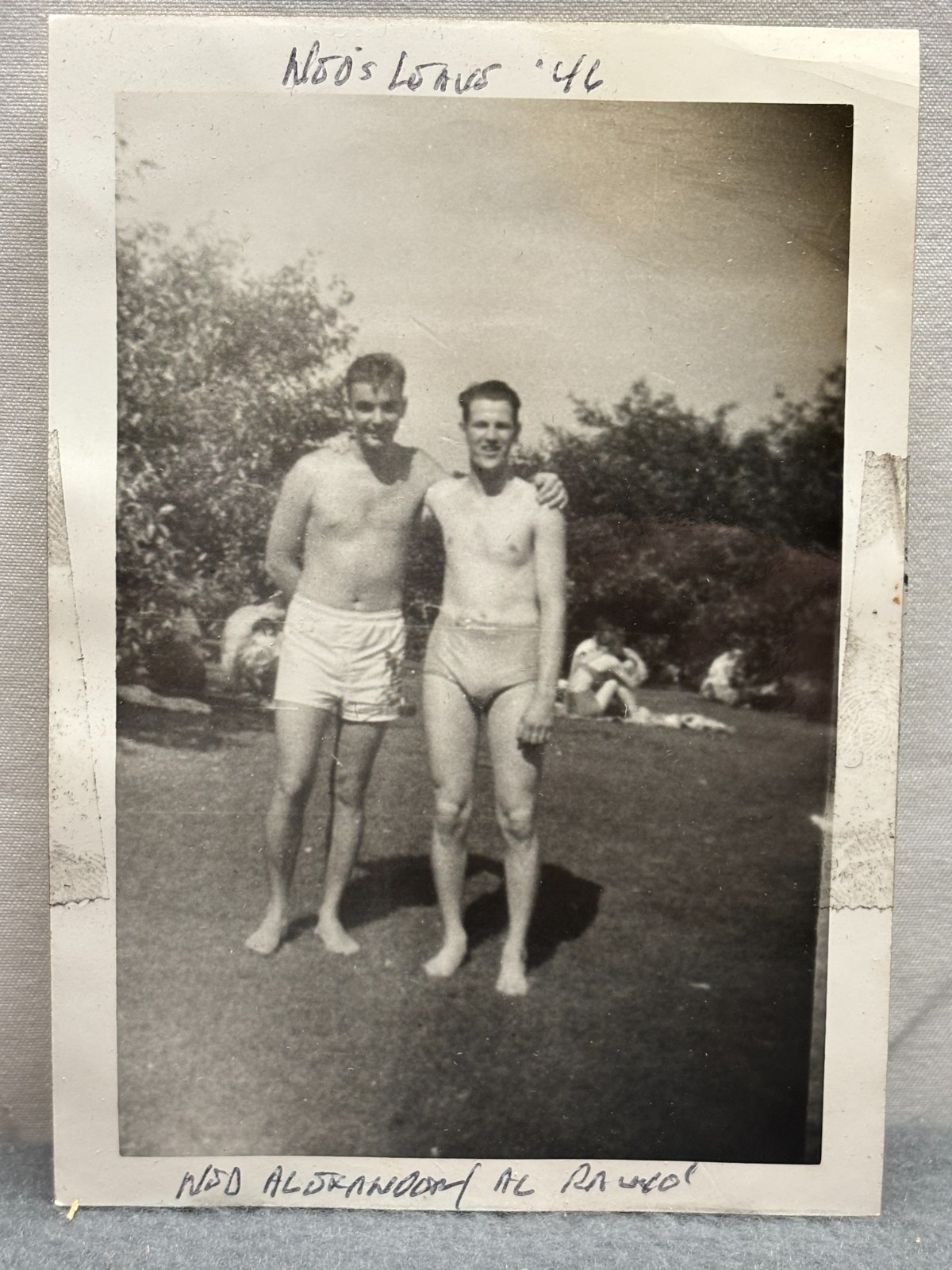 Vintage 1946 Snapshot Photo Two Men Swimsuits Male Bulge Gay Interest 4.5 x 3.25