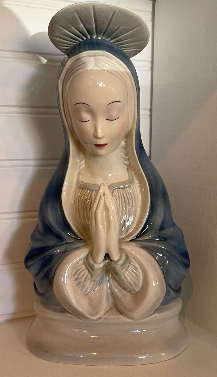 Vintage Madonna Mother Mary Praying Religious Bone China Blue Figurine 11”