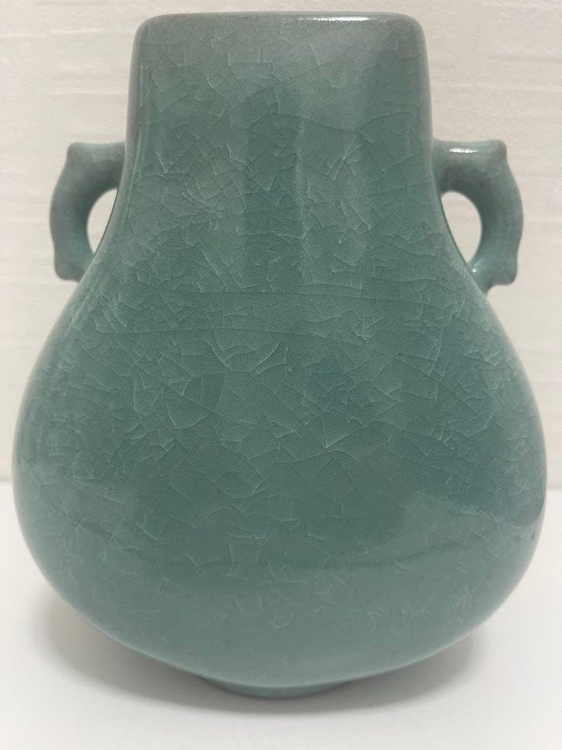 Ancient Chinese Celadon Double Handle Vase with Crackle Pattern