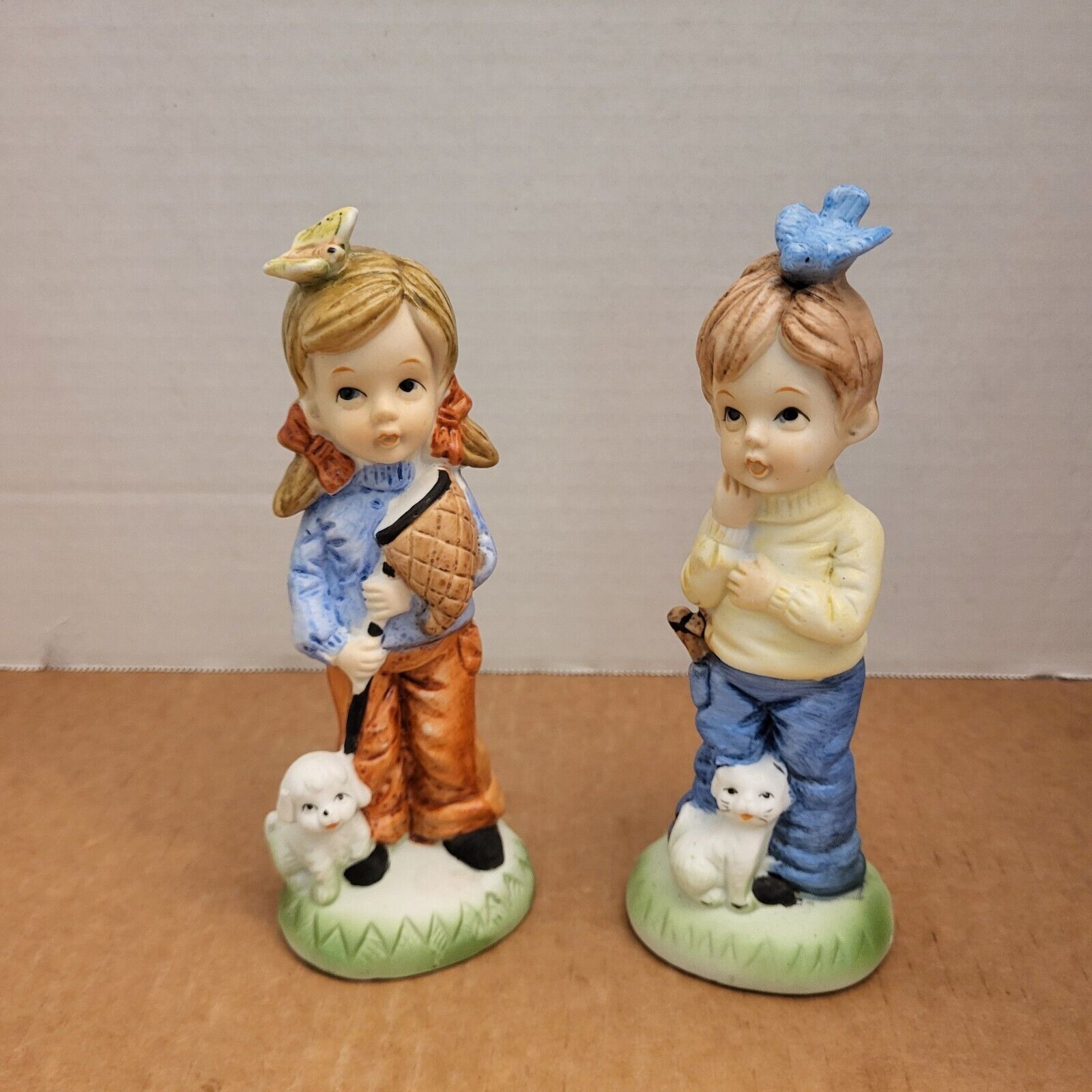 Boy & Girl with Cat Dog Ceramic Figurines