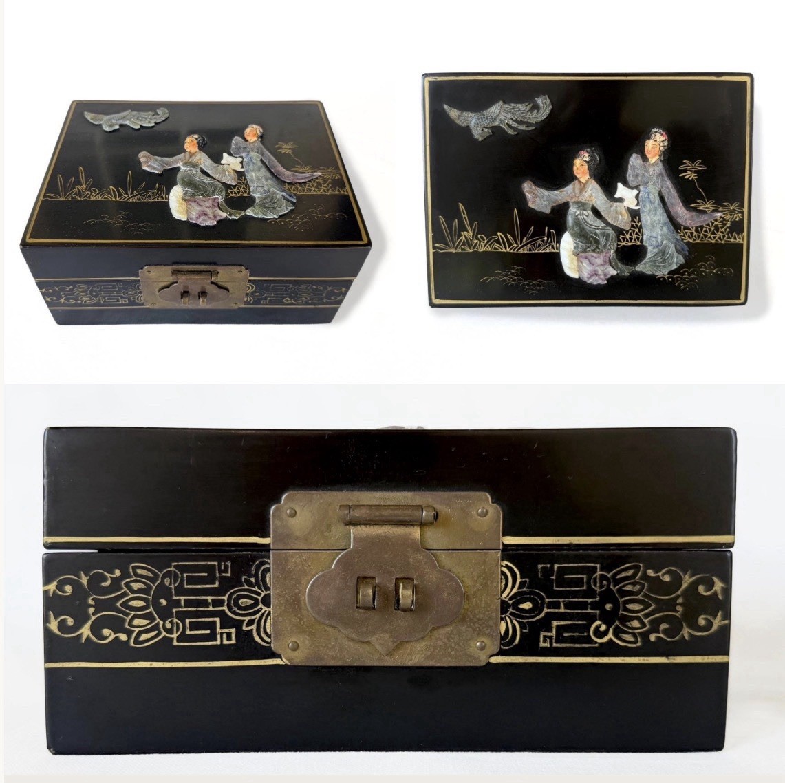 Vintage Lacquered Jewelry Box / Jade & Mother of Pearl  / Hand Painted Gilt