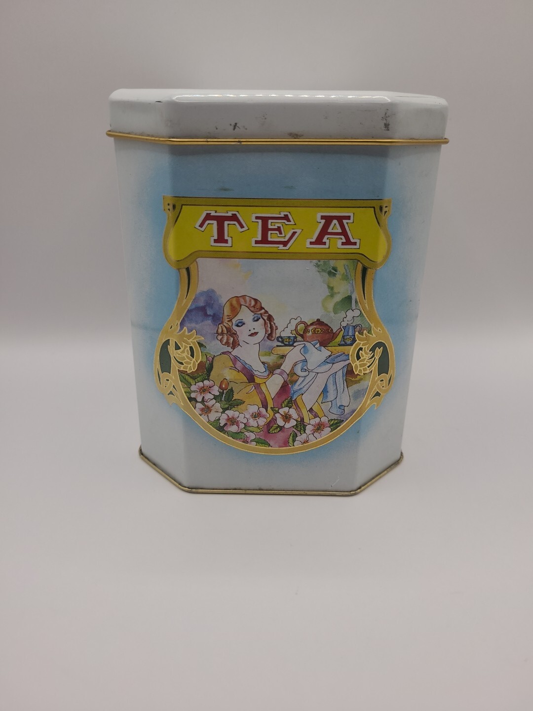 Rare 1940s Vintage Tin Tea Cannister with Gold Accents Woman Holding Kettle