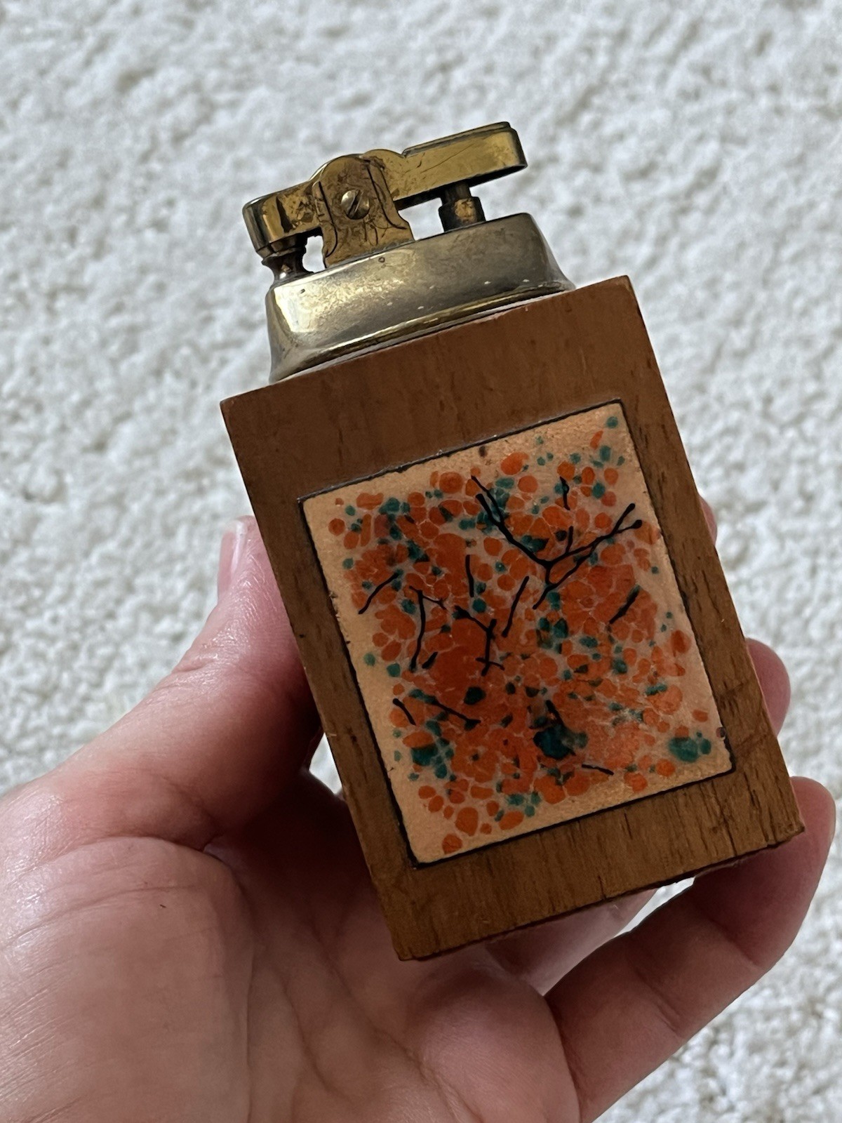 Vintage MCM Rothschild Bros Table Lighter Wood Enamel Tile 1950s 60s Untested Vintage MCM Rothschild Bros Table Lighter Wood Enamel Tile 1950s 60s Untested