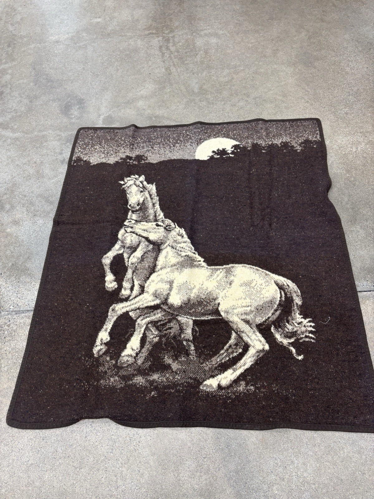 Vintage TAC Western Throw Blanket Horses Reversible Brown Beige 74x56 Retro Find