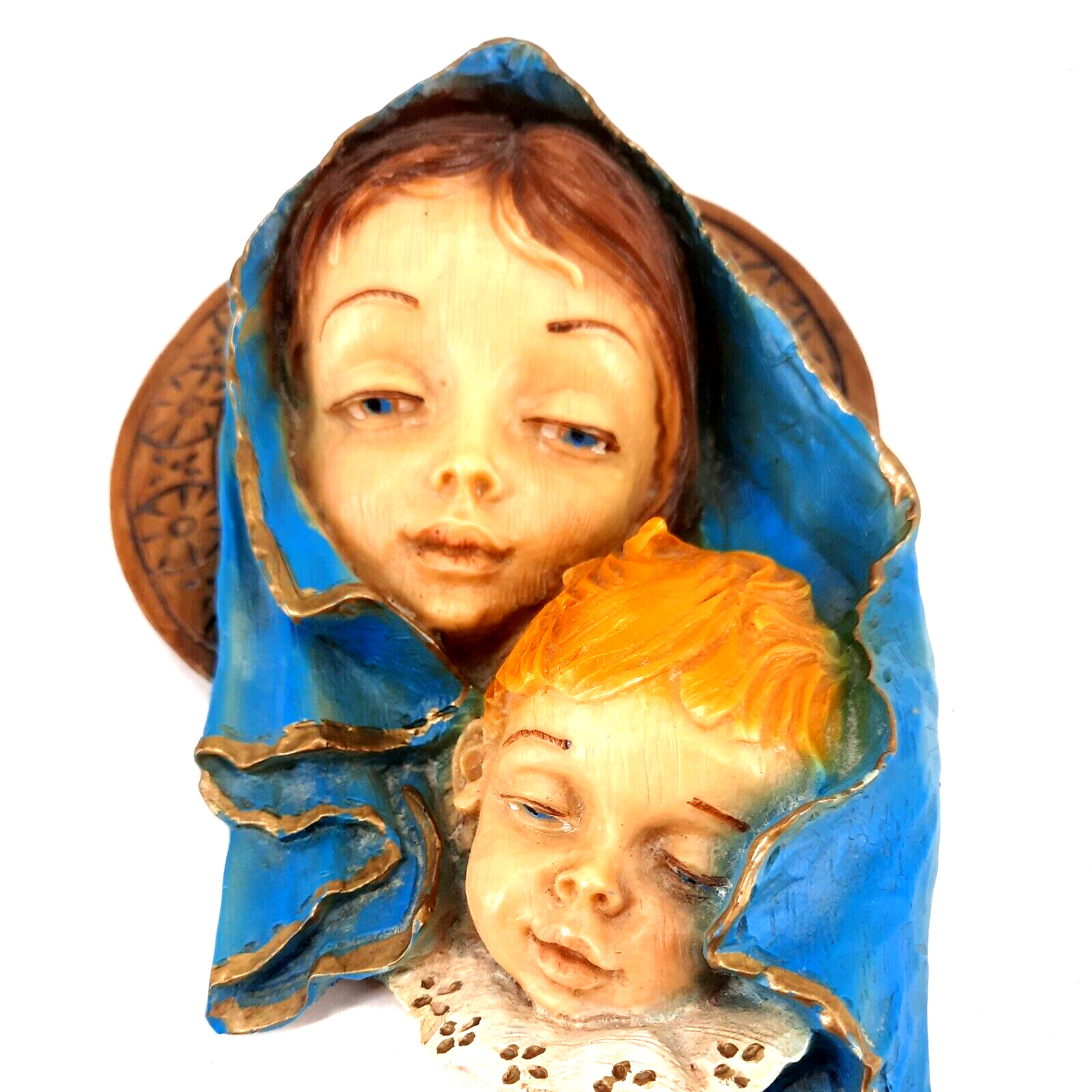 Vtg Madonna and child 3D Chalkware Wall Hanging Italy Religious Decor 8 inch