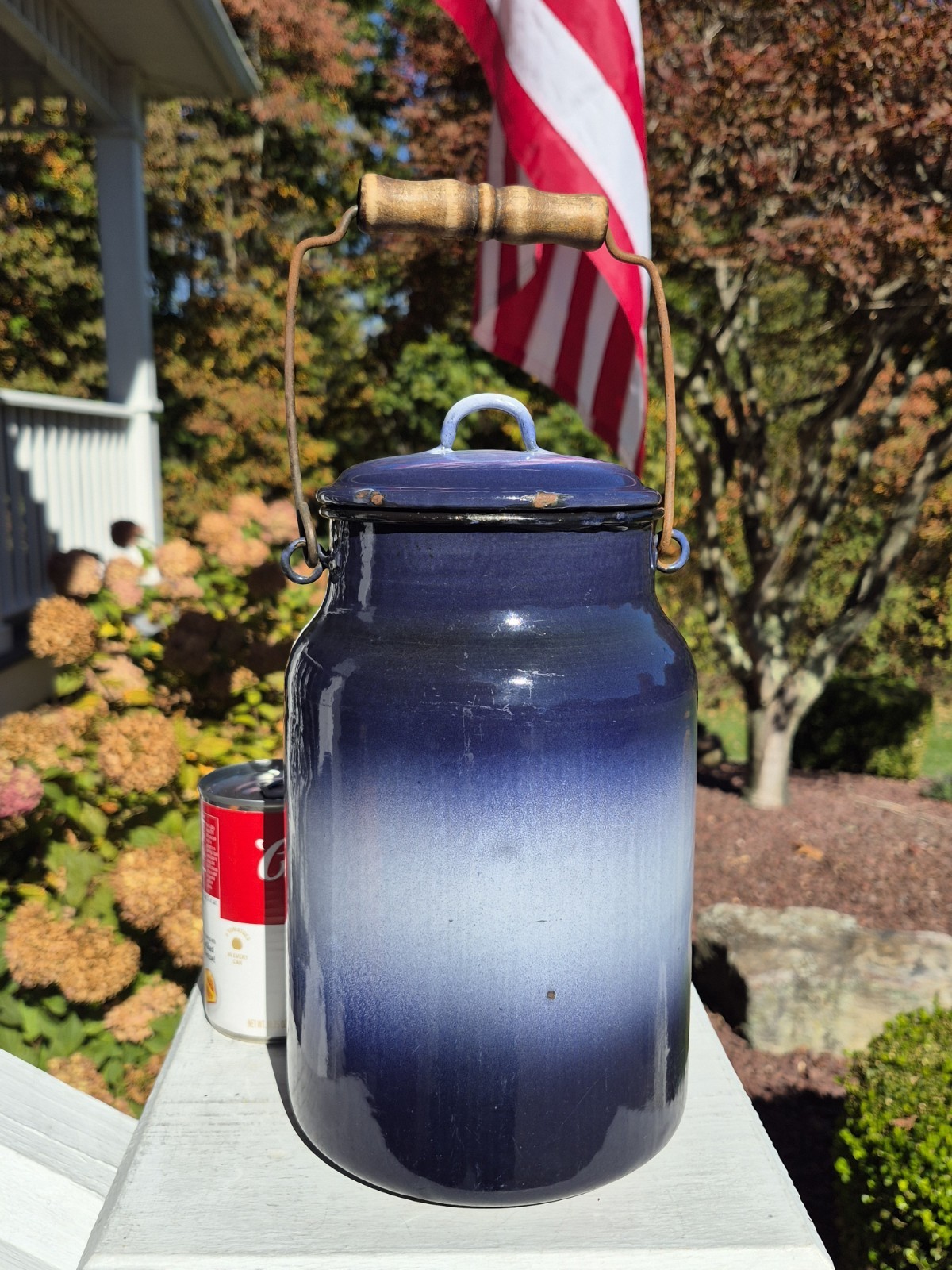 Antique Cobalt BLUE & WHITE THISTLE Milk CREAM CAN PAIL Graniteware Enamelware