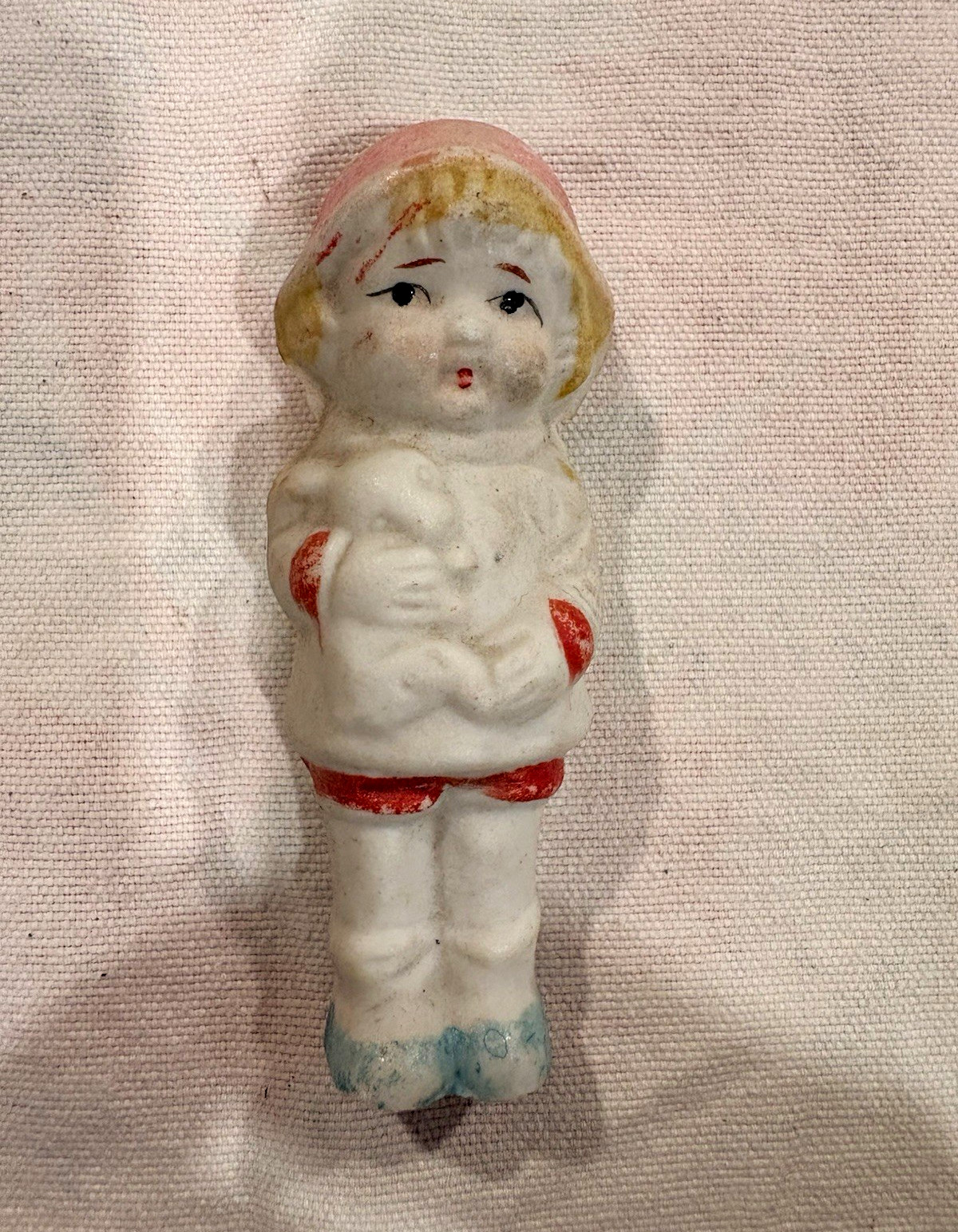 Hand Painted Ceramic Girl Figurine, made in Japan White Pink Red Blue Blonde, 3”