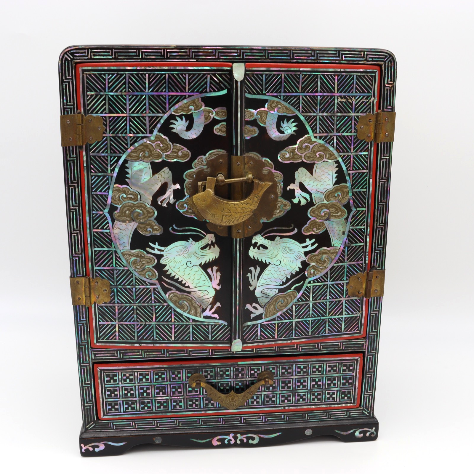 Vtg Asian Mother of Pearl Inlay Dragon Phoenix Black Jewelry Box Lacquer Cabinet
