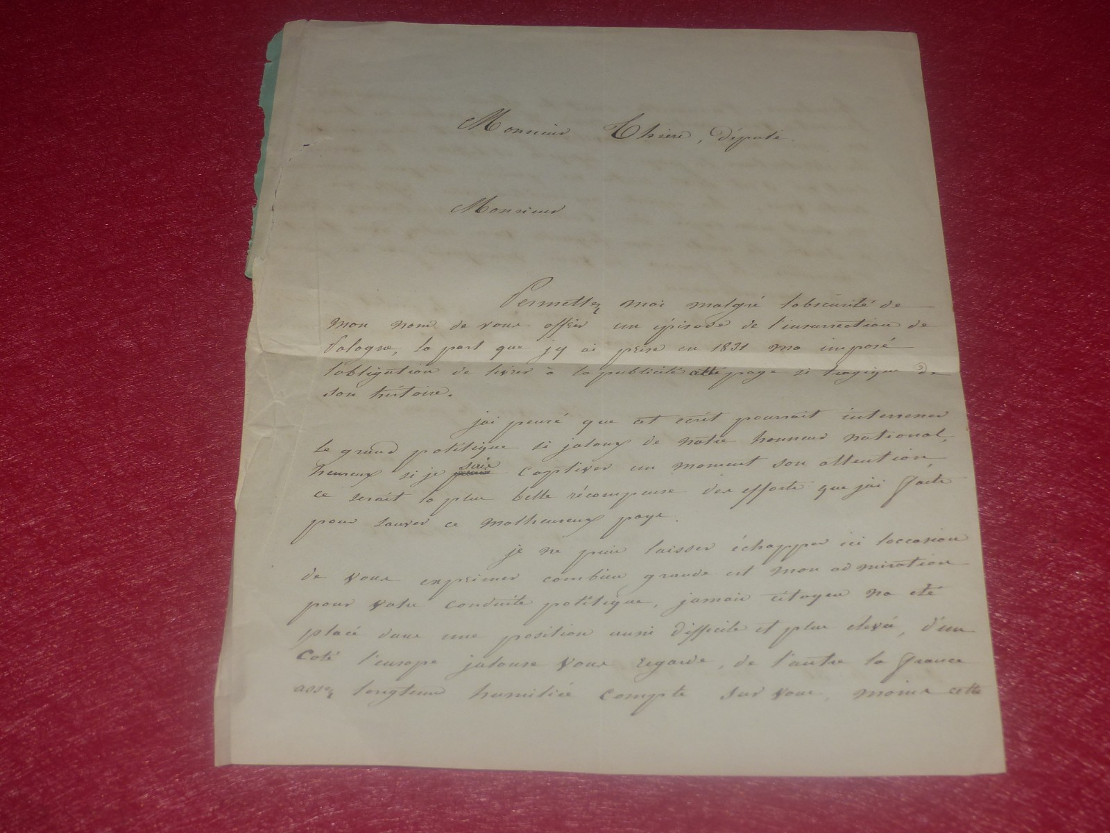 [COLLEC AD. THIERS] RARE SIGNED AUTOGRAPH 1839 POULAIN Insurrection Poland 1830