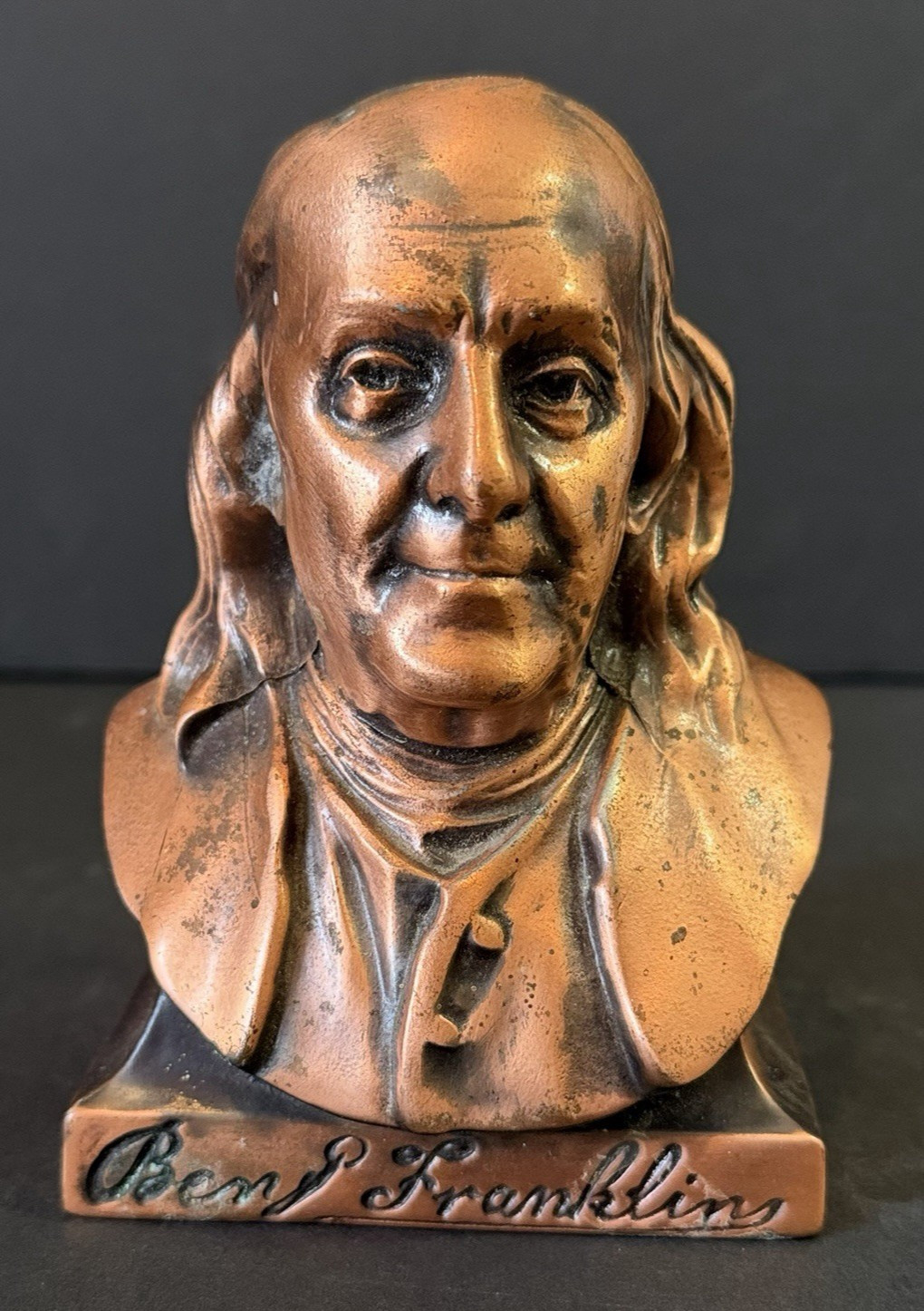 Vintage Ben Franklin Promo Gift Copper Tone Metal Bust Coin Bank - NO KEY