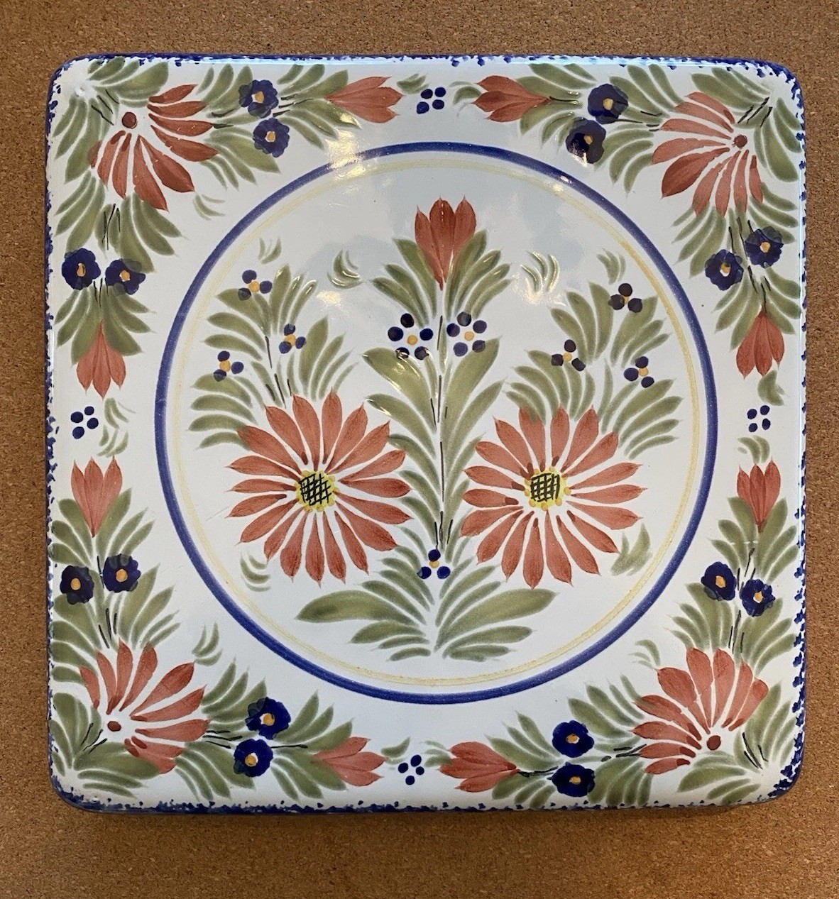 Vintage HB Quimper Ceramic Footed Trivet Floral Pattern Mount St. Michel