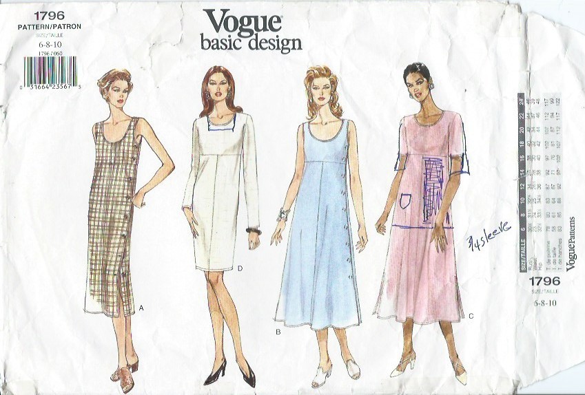 Vogue 1796 sewing pattern Pullover DRESS in 3 lengths sew 4 styles sizes 6,8,10