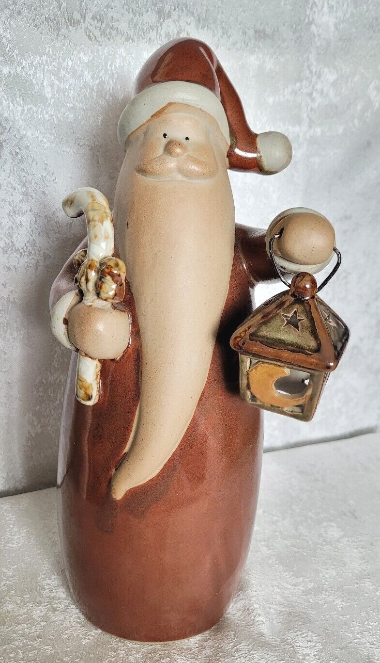 Rustic Ceramic Santa Holding a Christmas Lantern Figurine 12.5