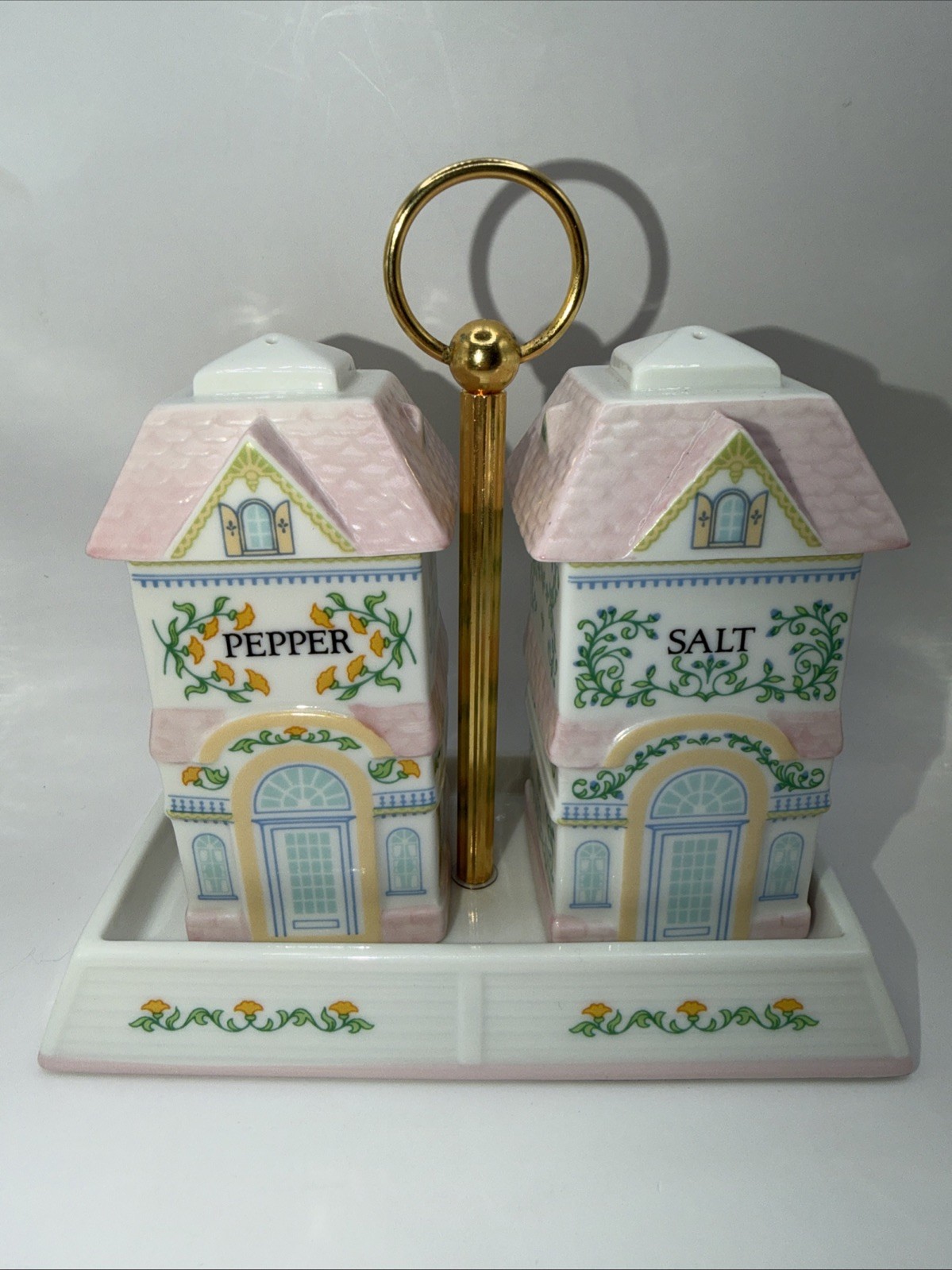 Vintage Lenox Spice Village 1991 Porcelain Salt & Pepper Shaker Set with Stand