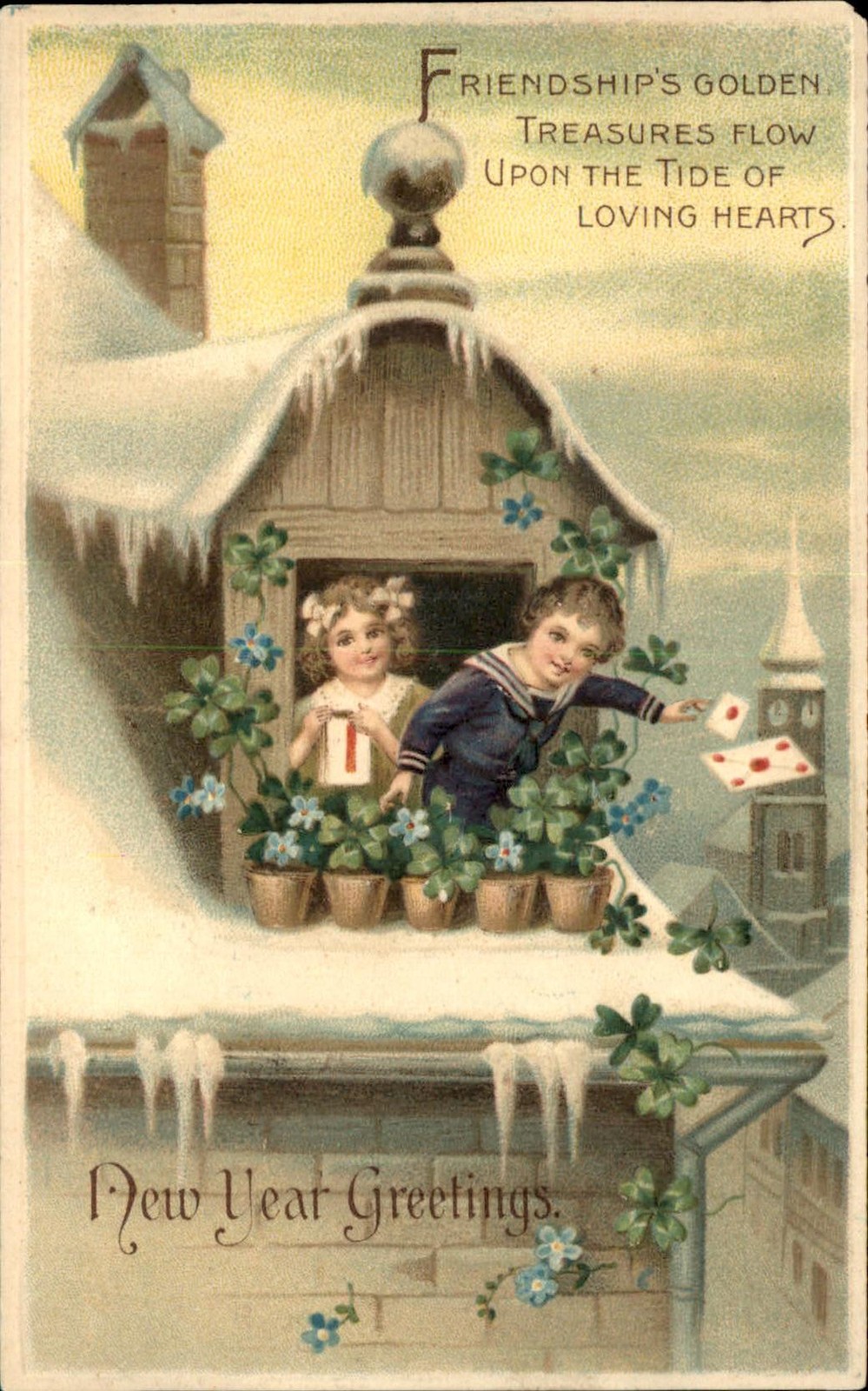 New Year\'s Children at Snowy Window Winter Scene c1900s-10s Vintage Postcard