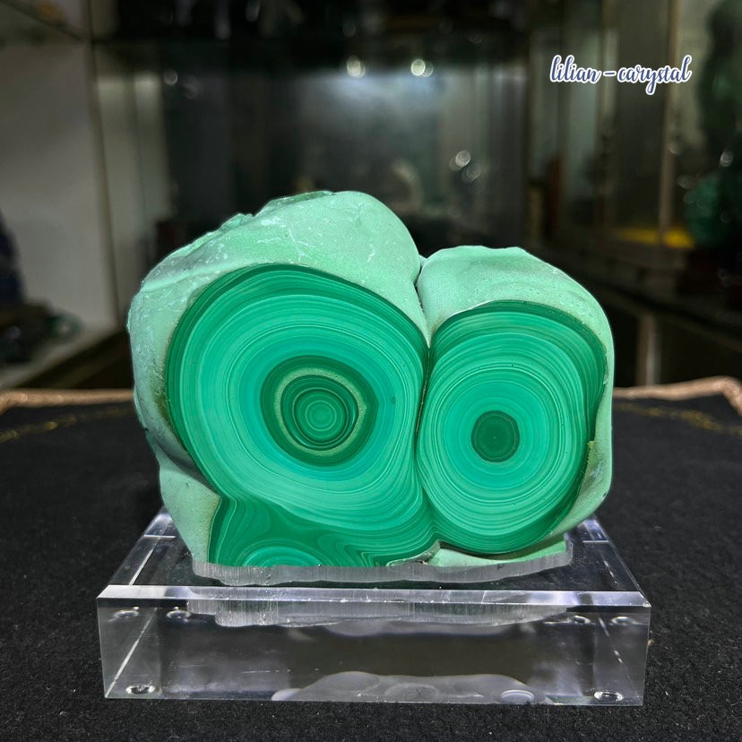 2.2LBNatural Malachite Specimen with Full Eye Rings Healing Crystal Acrylic Stan