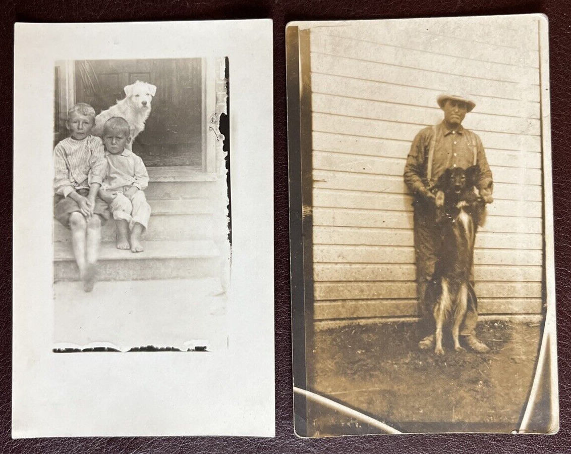 Children w/White Dog & Man Holding Dog 2 Legs Real Photo Vintage RPPC's; OOAK