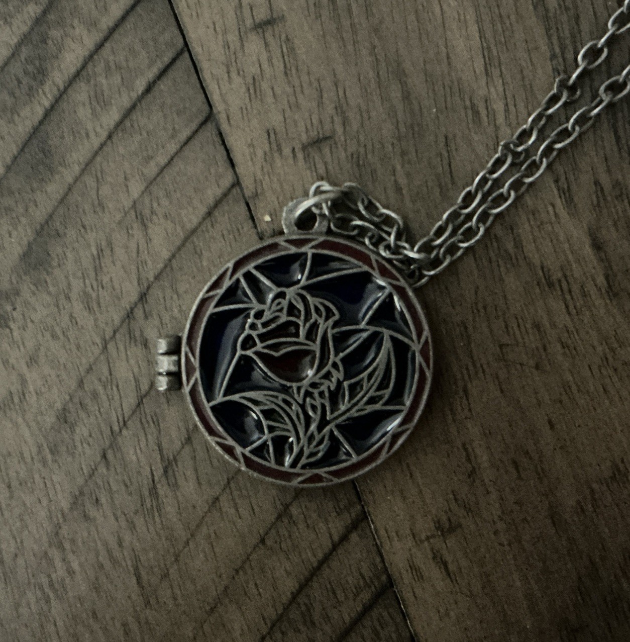 vintage Disney Beauty and the Beast stained glass rose locket necklace. CJ4