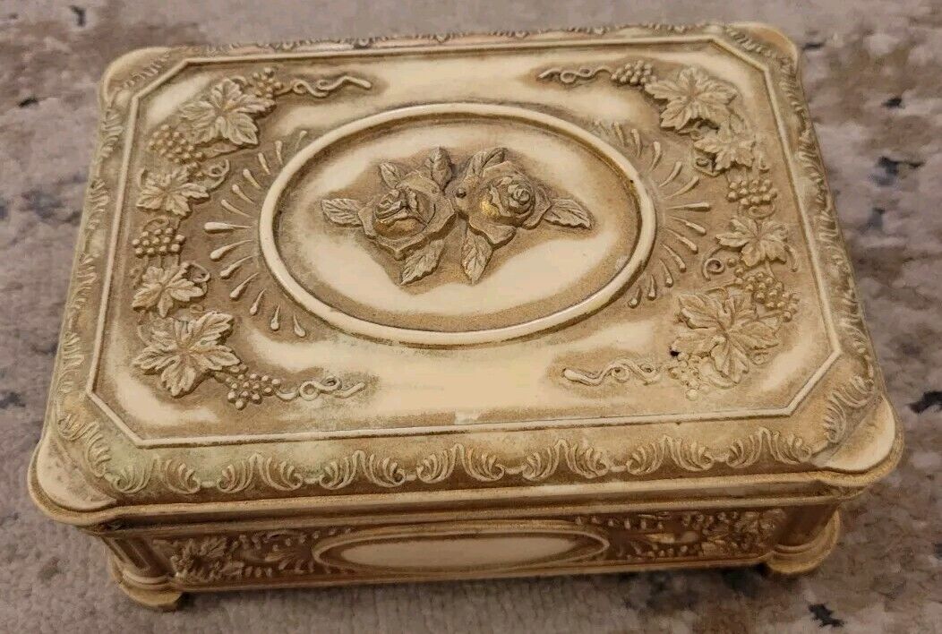 Vintage Victorian Rose Trinket/Jewelry Box Cameo with Hard Plastic & Felt
