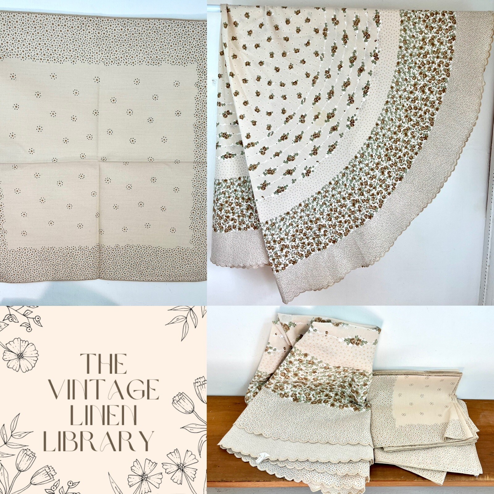 Vintage Set Of 8 Napkins & Round Tablecloth Beige Floral Polka Dot Set 1980s
